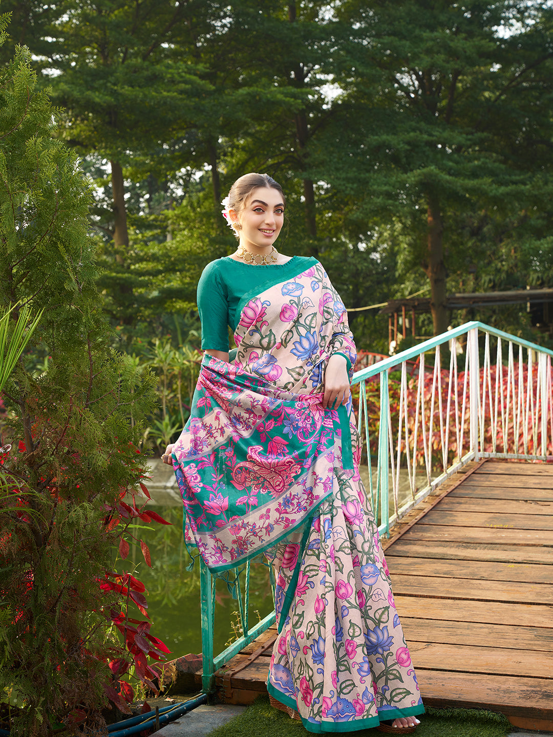 Green Kalamkari Printed Designer Tussar Silk Saree