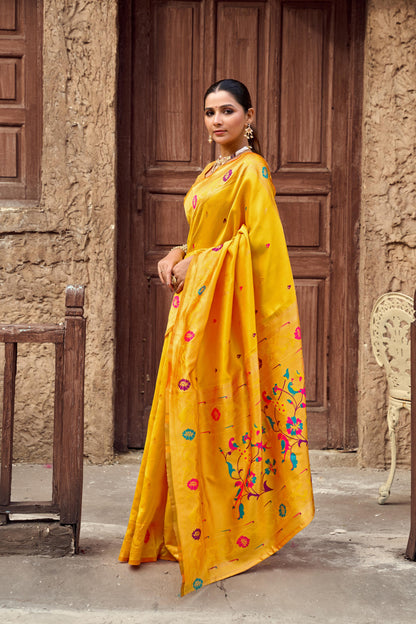 Traditional Yellow Paithani Silk Saree With Zari Weaving Work