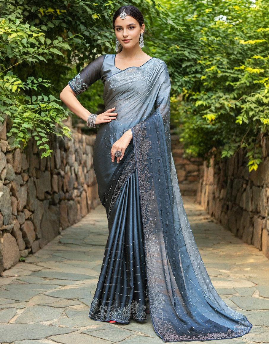 Blue Rangoli Silk Saree With Beautiful Siroski Work