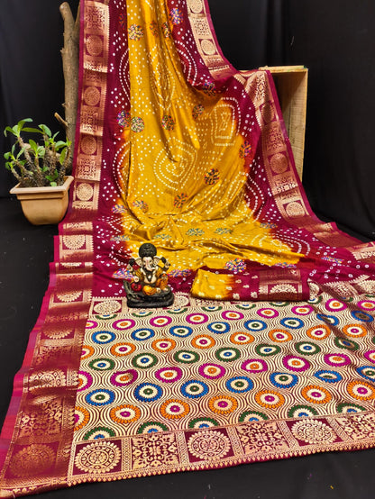 Multi Color Soft Bandhej Silk Saree With Zari Weaving Work