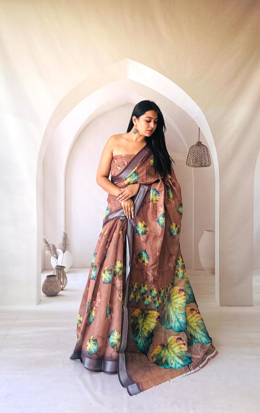 Coffee Digital Printed Flowy Linen Cotton Saree
