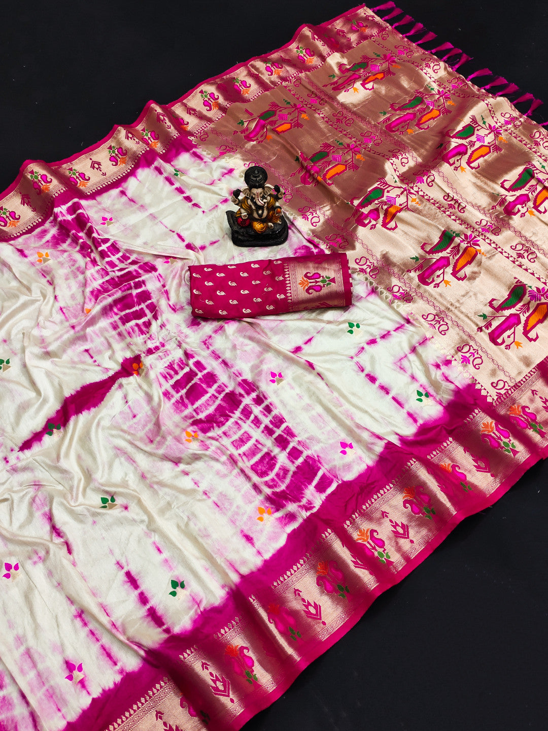 Pink Color Dola Silk Saree With Shibori Print & Zari Weaving Work
