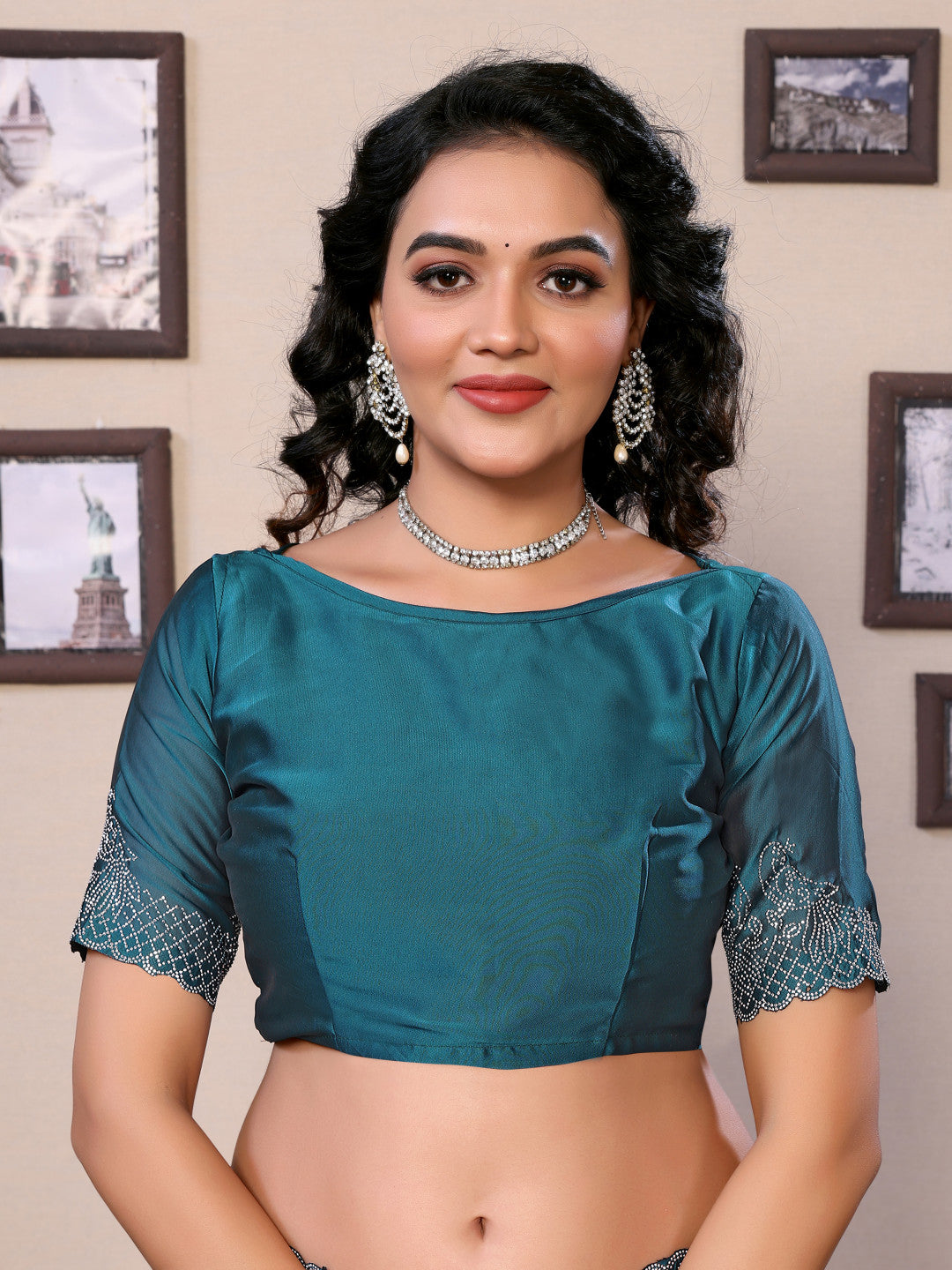 Fancy Firoji Rangoli Silk Saree With Diamond Work