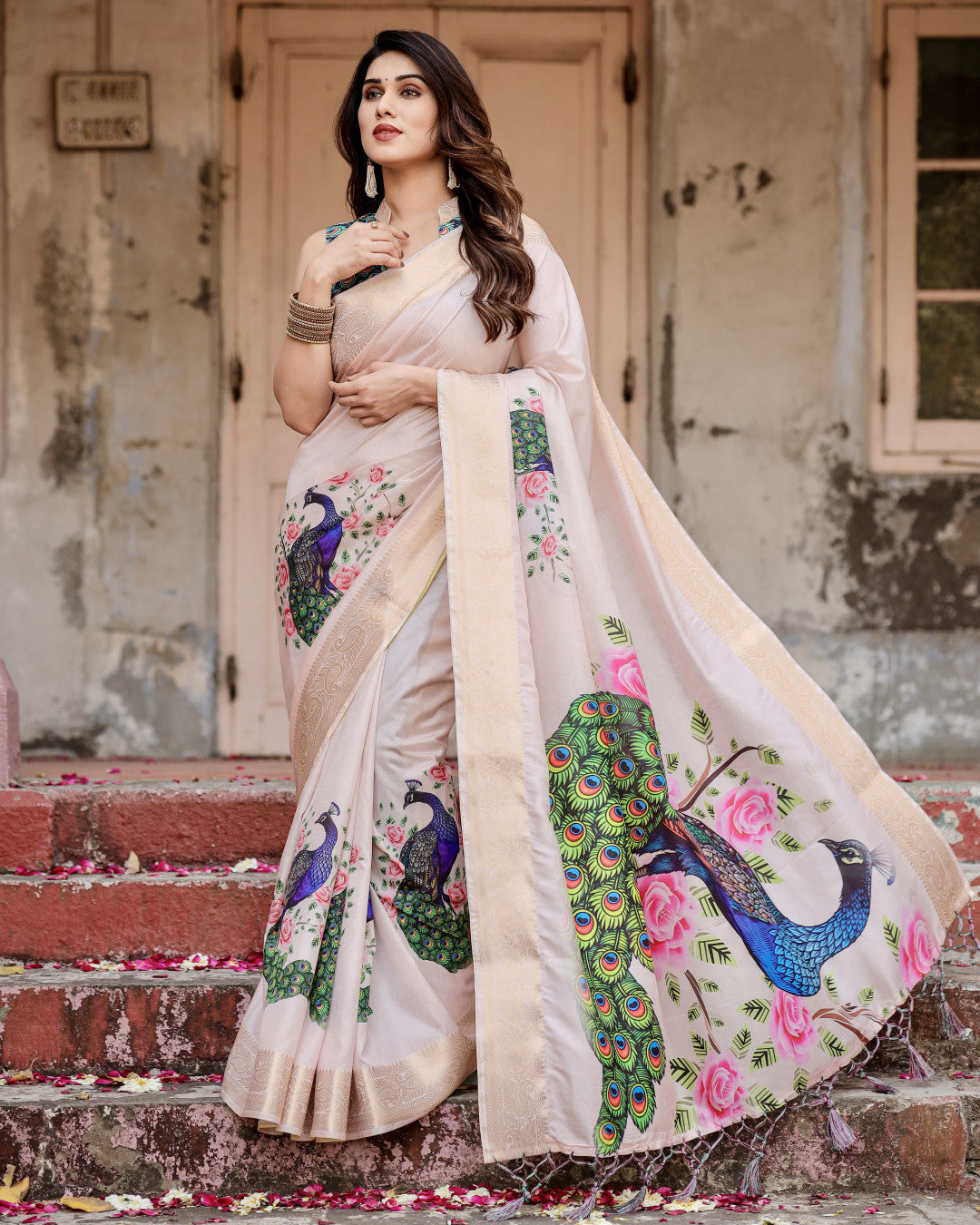 Pastel Pink Peacock Kalamkari Printed Tussar Silk Saree With Zari Motif Border