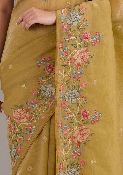 Mustard Yellow Fancy Crunchy Silk Saree With Multi Thread Work And Piping Lace Border