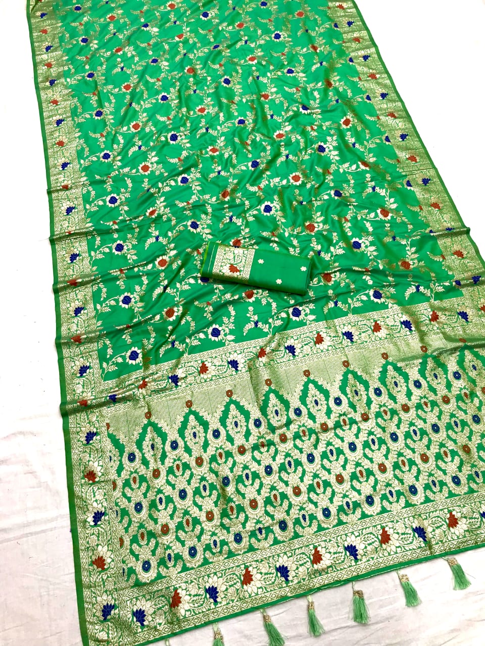 Light Green Banarasi Silk Saree With Meenakari Zari Weaving Work