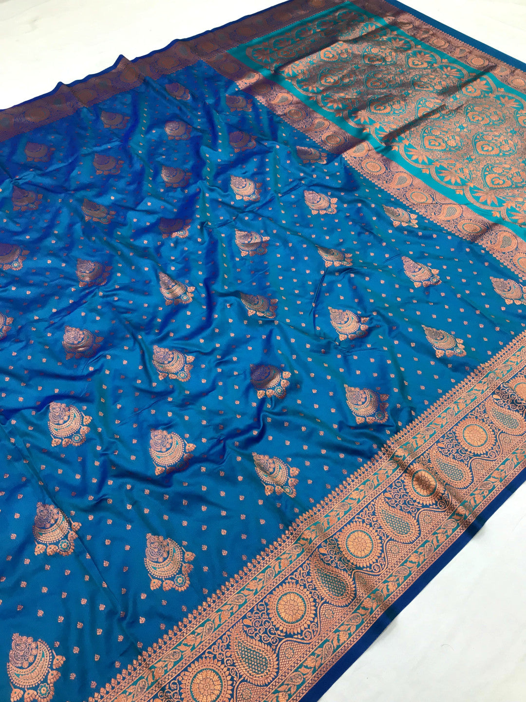Firoji Elegant Banarasi Silk Saree With Copper Zari Woven Work