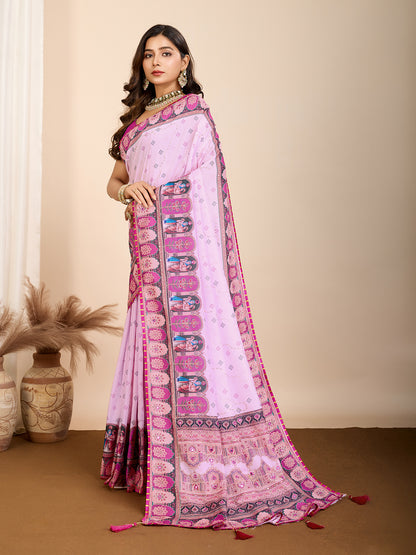 Pink Fancy Muslin Cotton Saree With Digital Printed Work