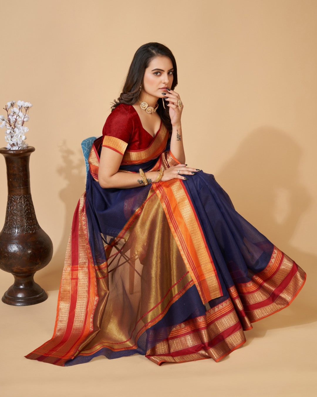Navy Blue Color Kota Doriya Saree With Zari Weaving Work