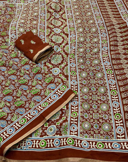 Brown Ajrakh Printed Soft Cotton Saree