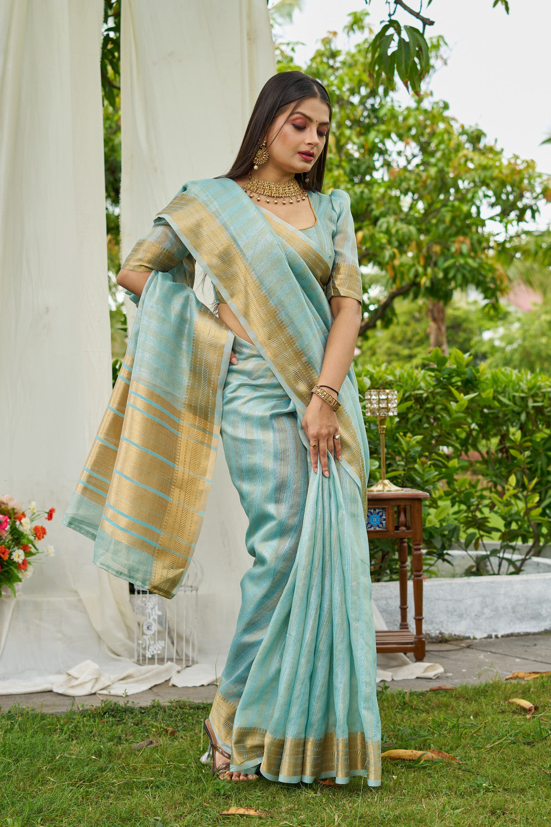 Sky Blue Colour Linen Cotton Saree With Zari Weaving Border