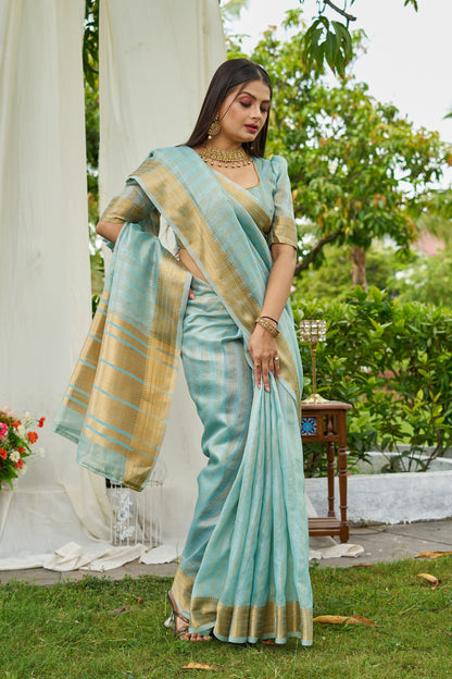 Sky Blue Colour Linen Cotton Saree With Zari Weaving Border