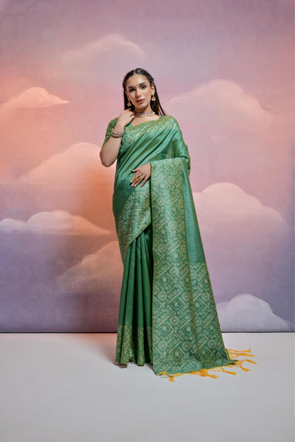 Light Green Color Handloom Raw Silk Saree With Contrast Weaving Work
