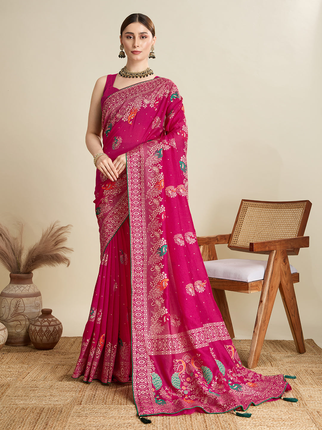 Pink Cotton Saree With Table Printed And Foil Work With Pipeing Border
