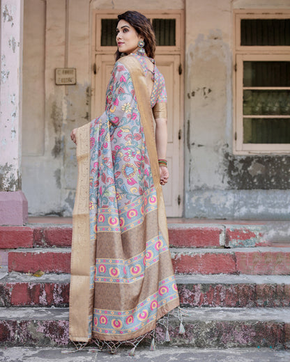 Lavender Kalamkari Digital Printed Dola Silk Saree With Gold Zari Border
