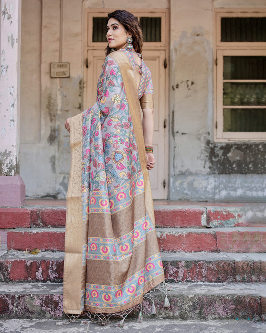 Lavender Kalamkari Digital Printed Dola Silk Saree With Gold Zari Border