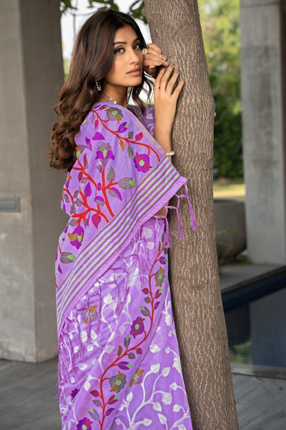 Lavender Color Soft Jamdani Cotton Saree With Woven Design