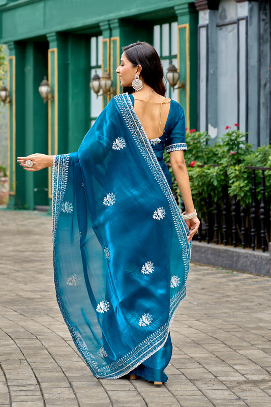 Firoji Fancy Shimmer Chiffon Saree With Embroidery Work