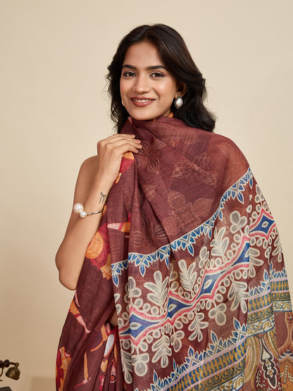 Maroon Linen Cotton Saree With Digital Printed Work And Silver Zari Border
