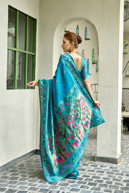 Traditional Firoji Paithani Silk Saree With Zari Weaving Work