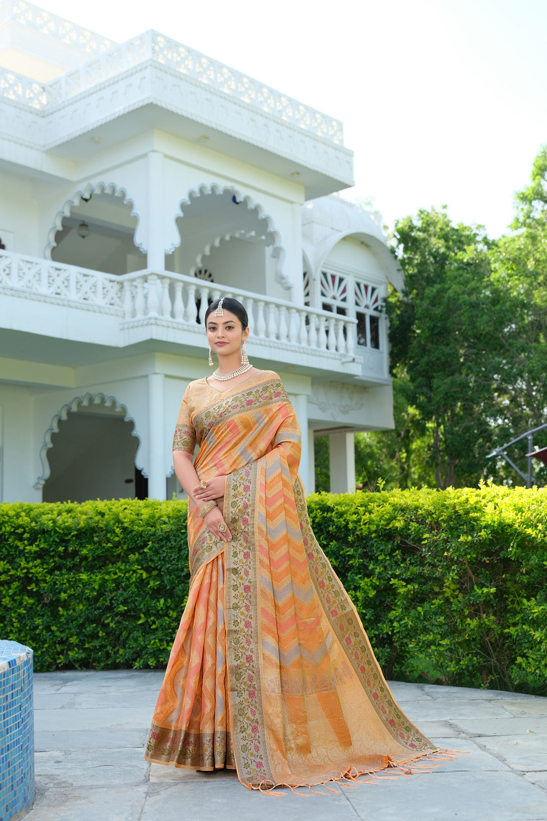 Orange Color Soft Organza Silk Saree With Zari Weaving Work