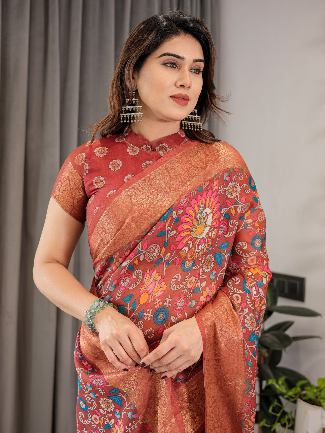 Maroon Kalamkari Digital Printed Linen Cotton Saree