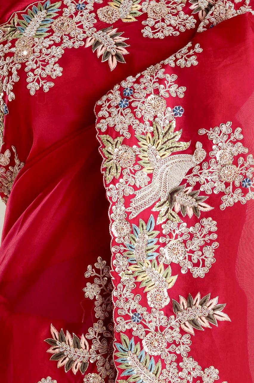 Red Fancy Jimmy Choo Silk Saree With Sequence And Embroidery Work