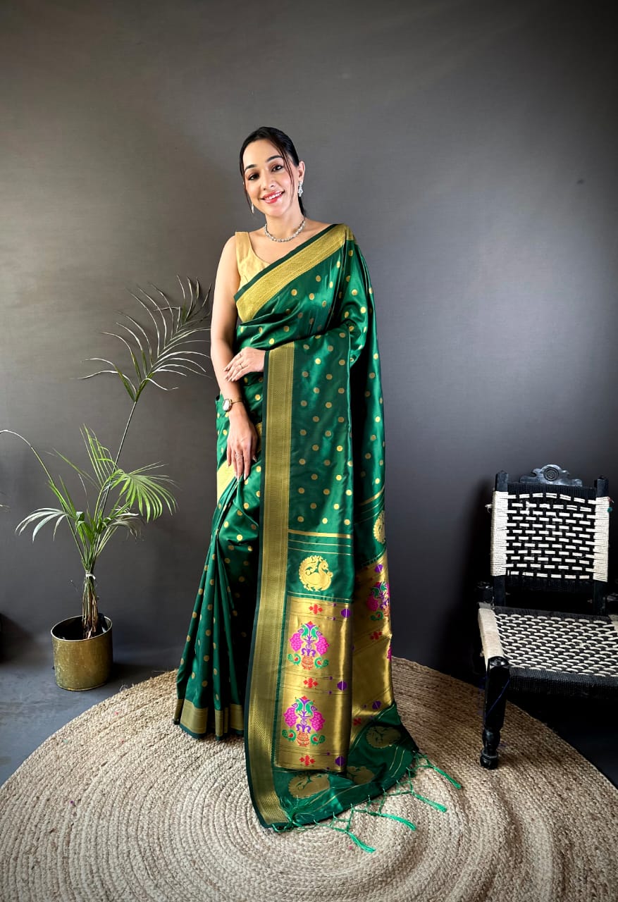 Green Traditional Paithani Silk Saree With Zari Weaving Work