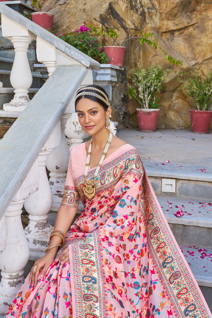 Baby Pink Color Banarasi Silk Saree With Zari Weaving Work
