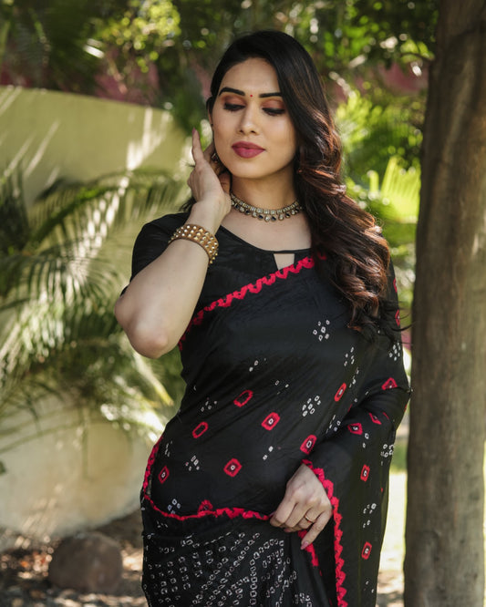 Black Color Bandhej Silk Saree With Printed Work