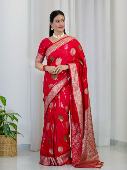 Red Khaddi Georgette Banarasi Saree With Meenakari Weaving Work