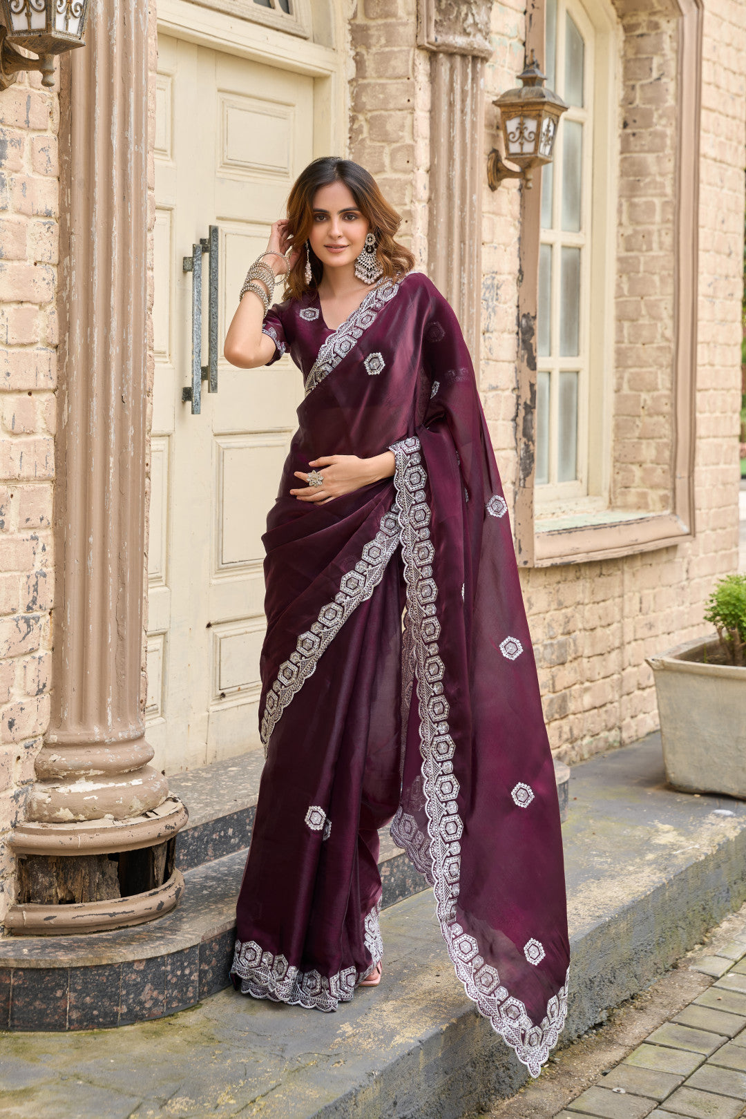 Wine Fancy Shimmer Chiffon Saree With Embroidery Work