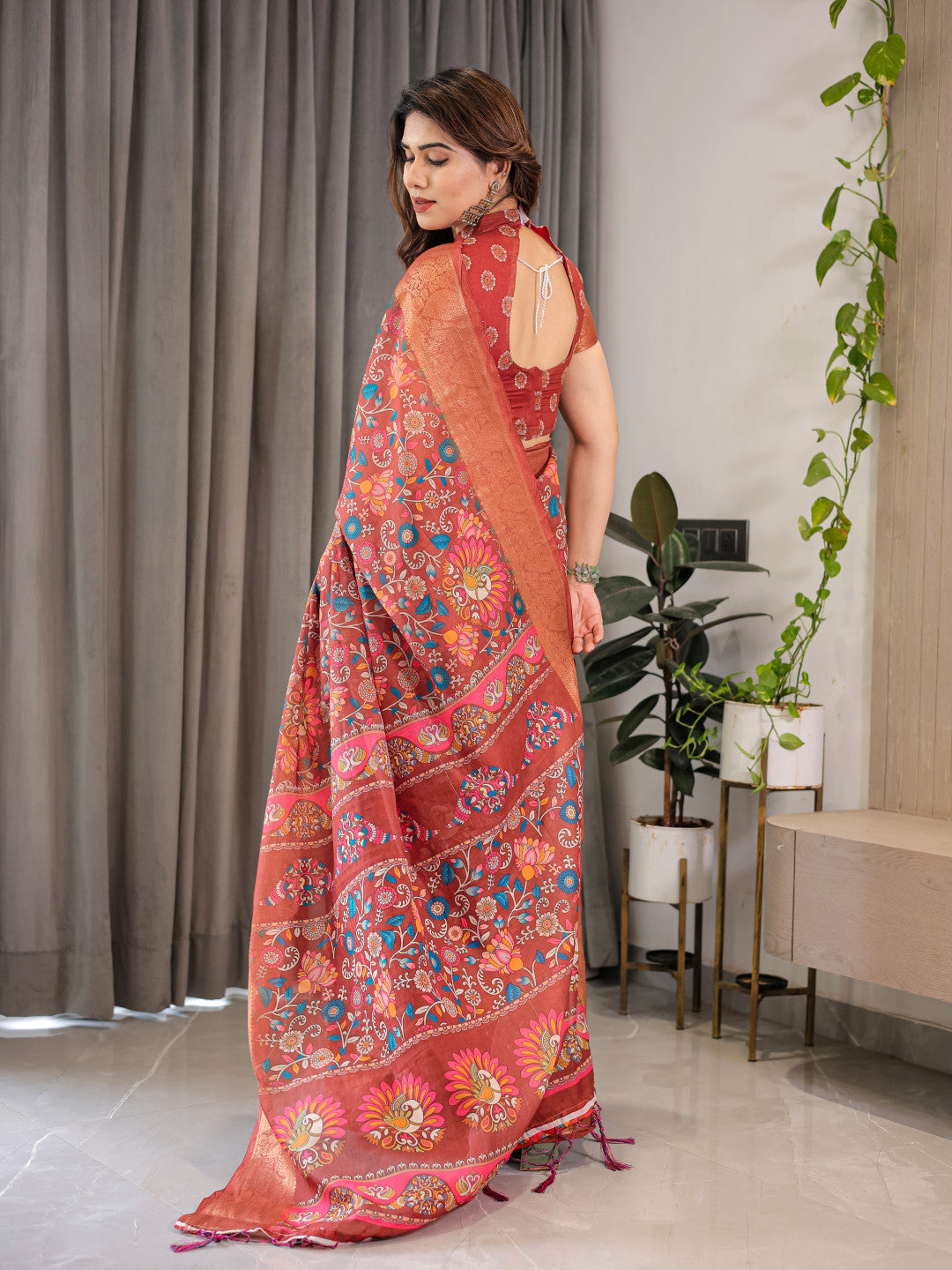 Maroon Kalamkari Digital Printed Linen Cotton Saree