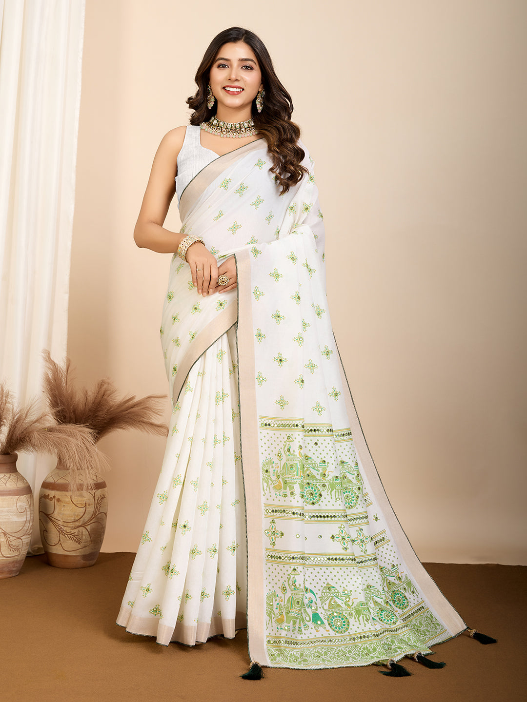 White Soft Cotton Saree With Printed Work