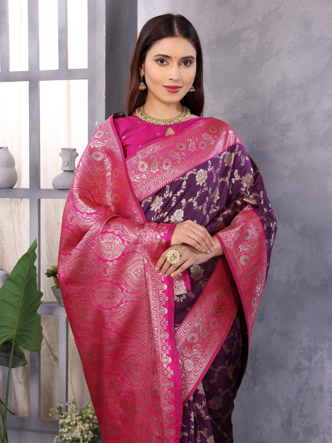 Purple Premium Banarasi Silk Saree With Zari Weaving Work