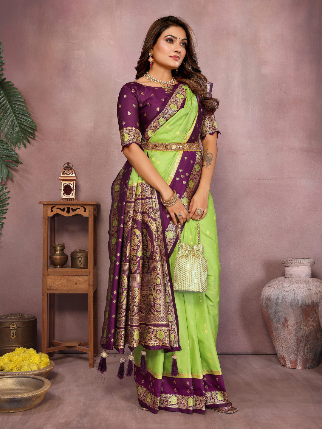 Parrot Green Traditional Banarasi Silk Saree With Zari Weaving Work