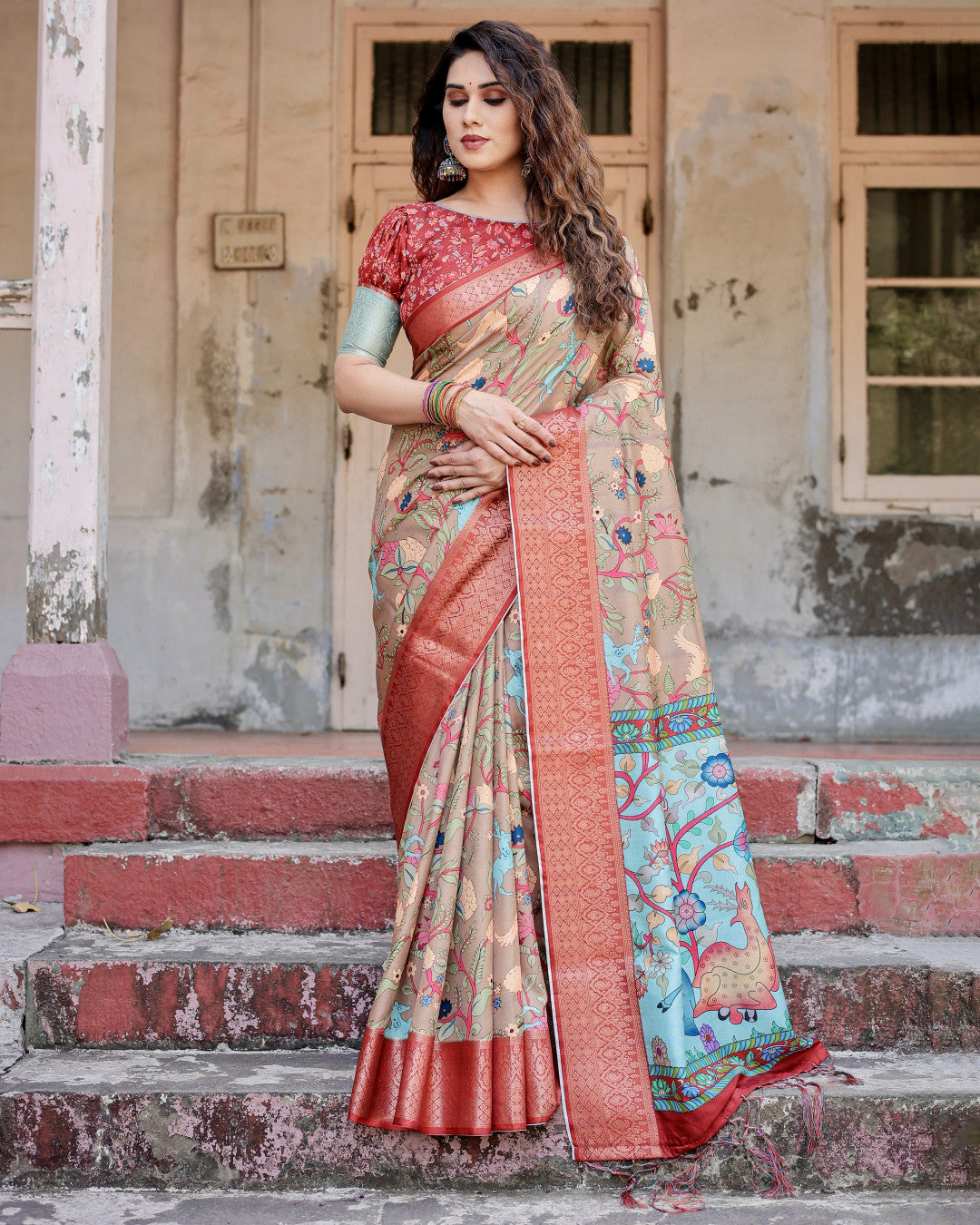 Beige Kalamkari Digital Printed Dola Silk Saree With Gold Zari Border