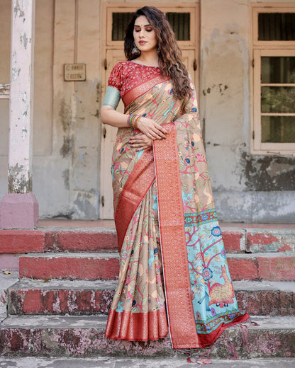 Beige Kalamkari Digital Printed Dola Silk Saree With Gold Zari Border