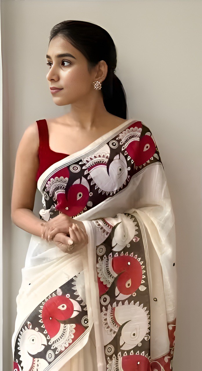 Off White Colour Chanderi Cotton Saree With Digital Printed Work