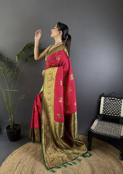 Rani Pink Traditional Banarasi Silk Saree With Zari Weaving Work
