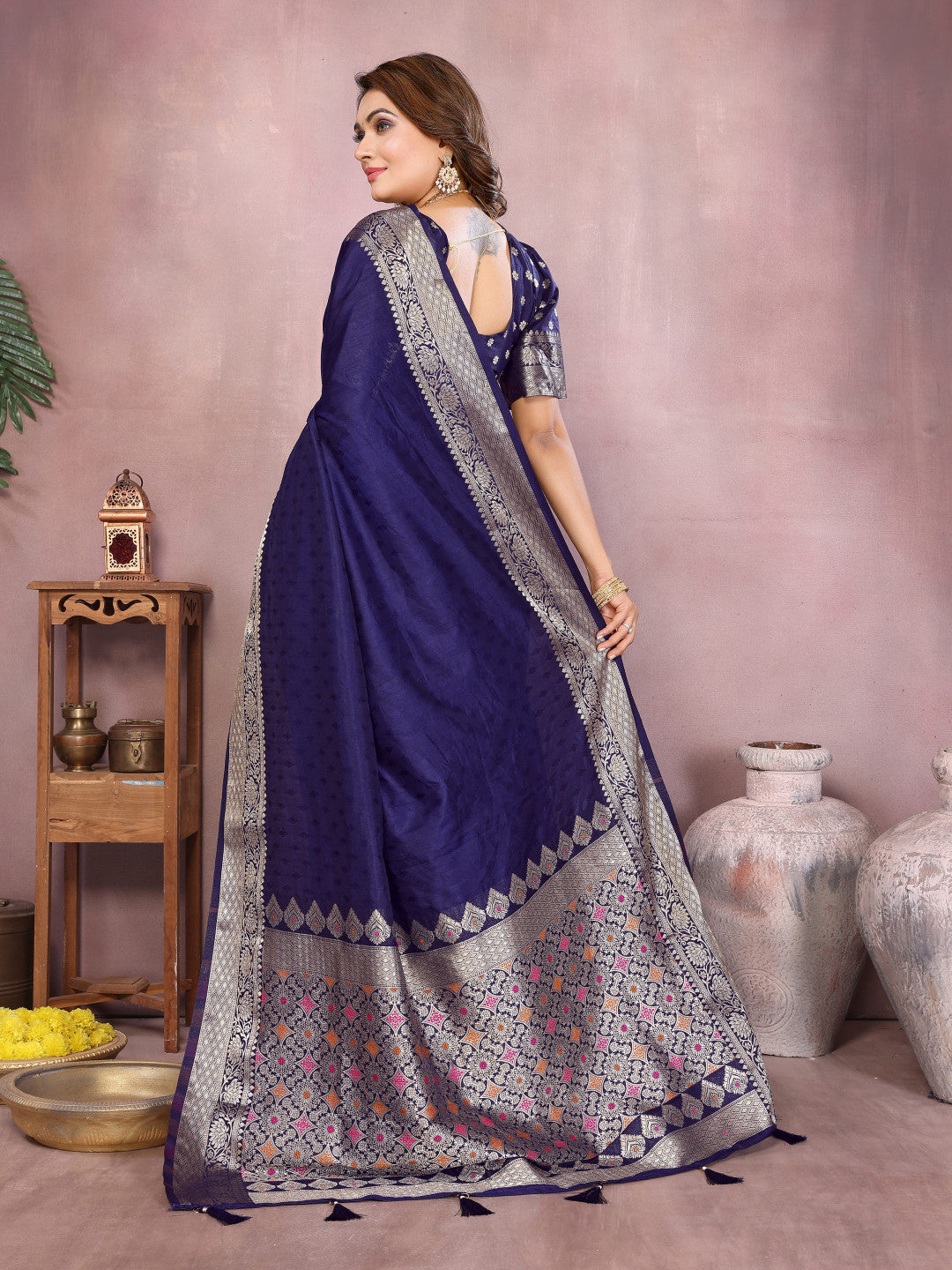 Navy Blue Premium Dola Silk Saree With Meenakari Weaving Work