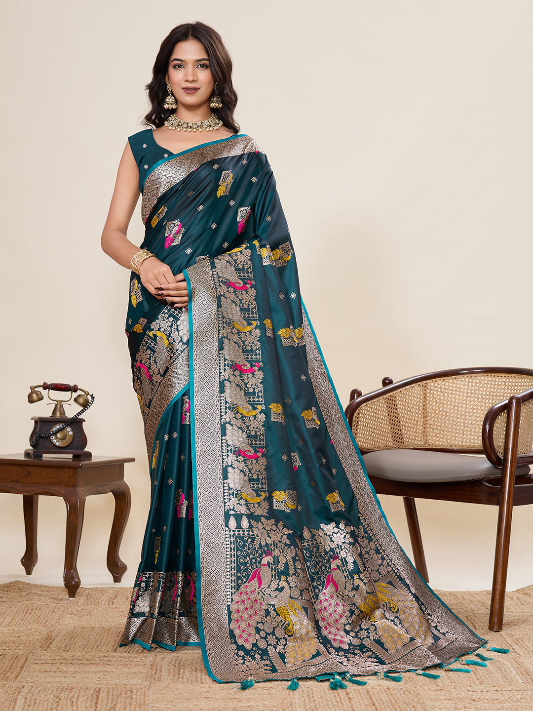 Rama Green Soft Satin Silk Saree With Zari Weaving Work And Paithani Pallu