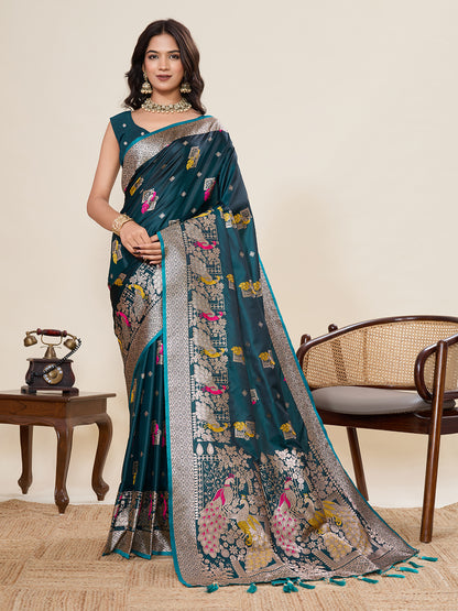 Rama Green Soft Satin Silk Saree With Zari Weaving Work And Paithani Pallu