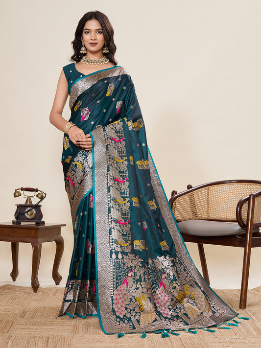 Rama Green Soft Satin Silk Saree With Zari Weaving Work And Paithani Pallu