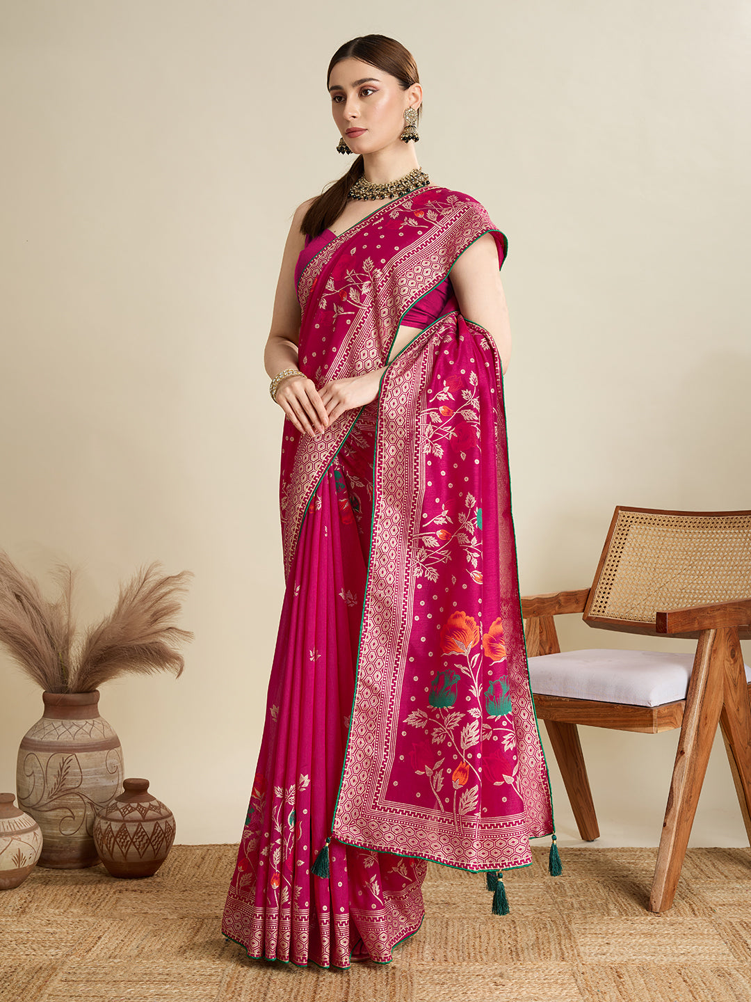 Pink Cotton Saree With Table Printed And Foil Work With Pipeing Border