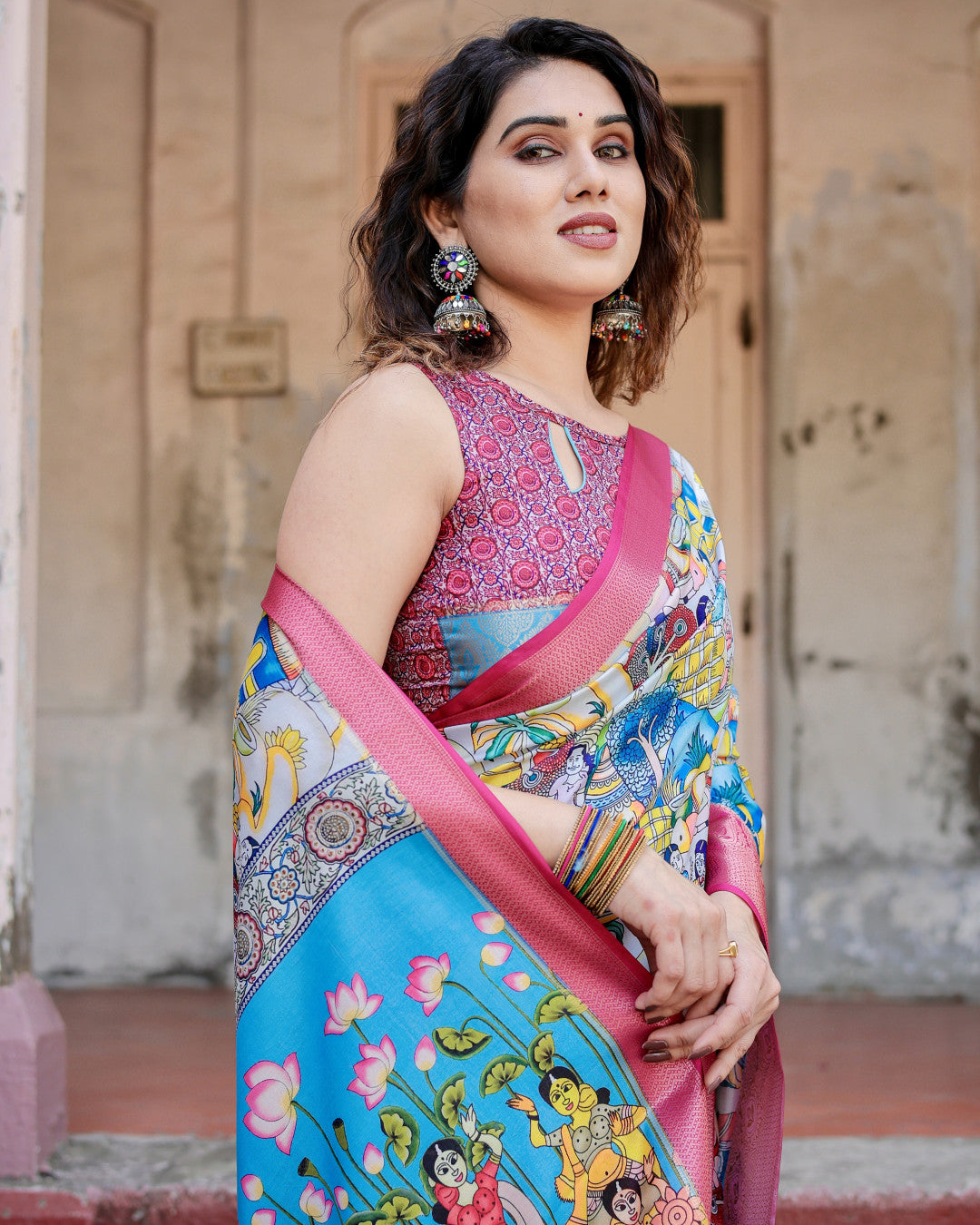 Multi Fancy Kalamkari Digital Printed Tussar Silk Saree