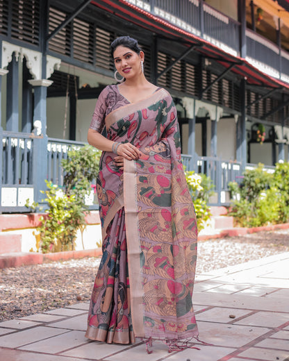 Beige Soft Linen Cotton Saree With Kalamkari Digital Printed Work
