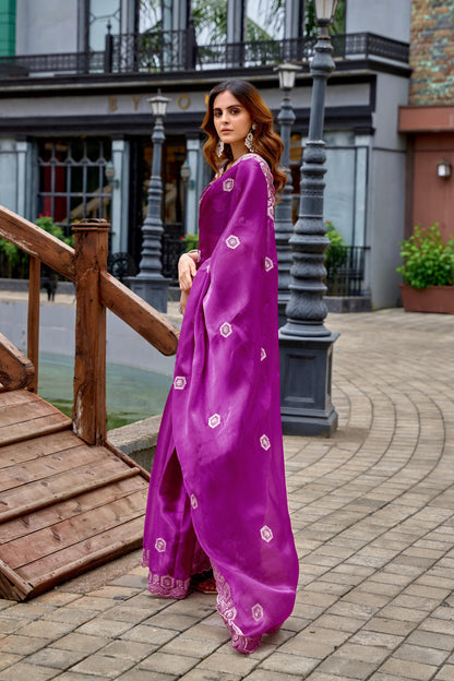 Magenta Fancy Shimmer Chiffon Saree With Embroidery Work