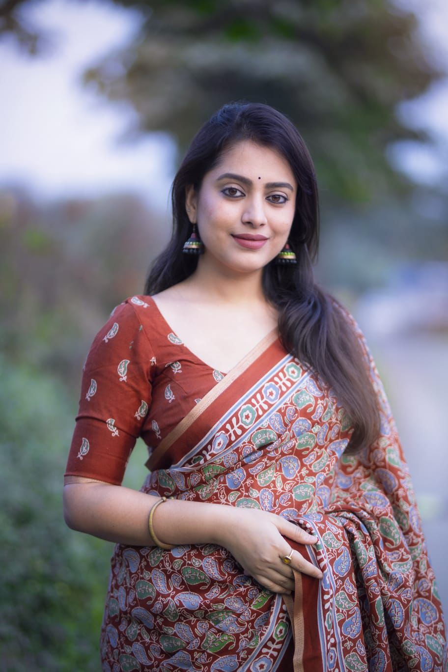 Brown Ajrakh Printed Soft Cotton Saree