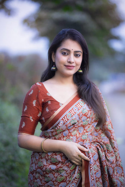 Brown Ajrakh Printed Soft Cotton Saree